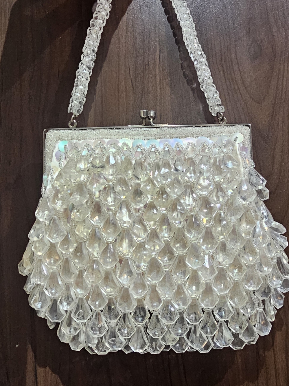 Vintage Walborg Richere Lucite Chandelier Beaded Purse Ivory Satin